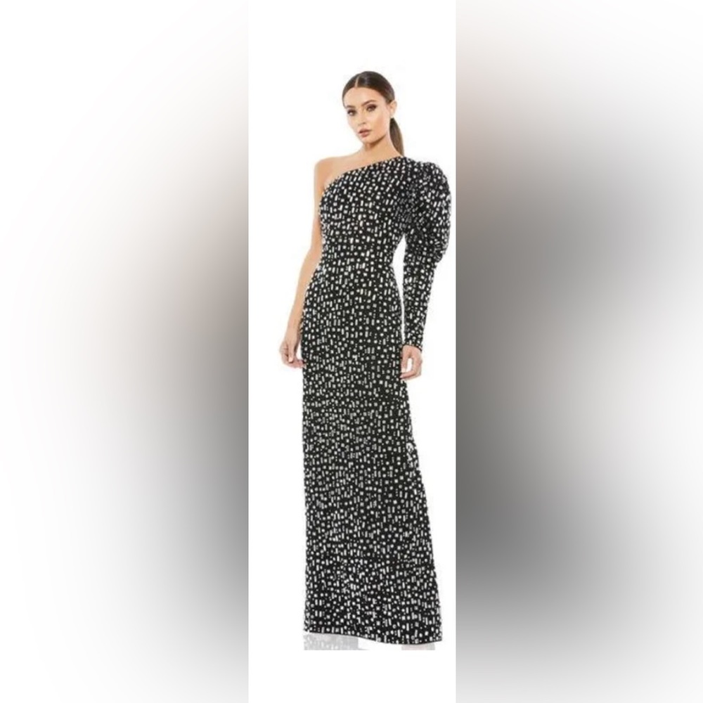Mac Duggal Ieena 10768 Black Silver Embellished Puff Sleeve Gown 16